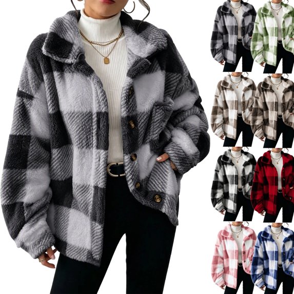 Fashion Fleece Plaid Jackets for Womens Casual Button Turndown Collar Long Sleeve Oversize Jacket Coat