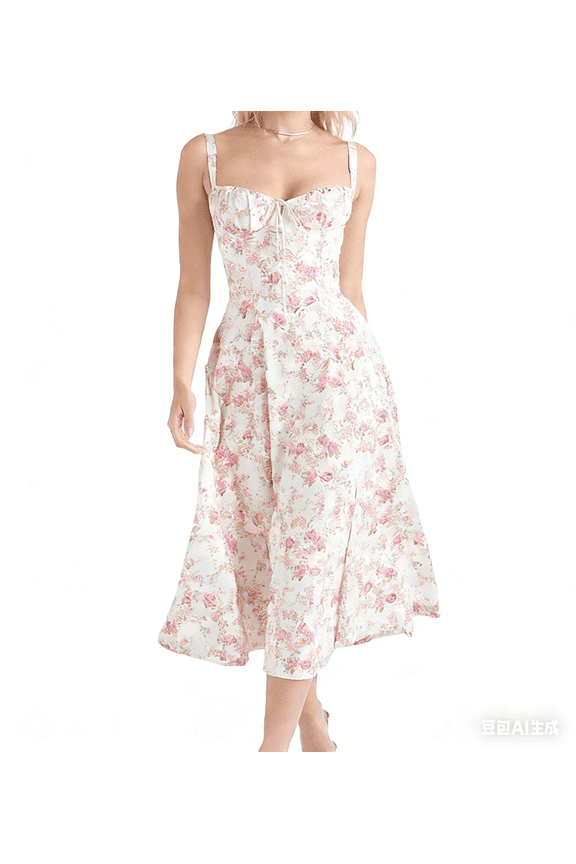 Fashion Floral Corset Dress Backless Cami Dresses Boho Summer Spaghetti Straps Square Neck Casual Midi Dress Flowy Slit Bustier Dresses