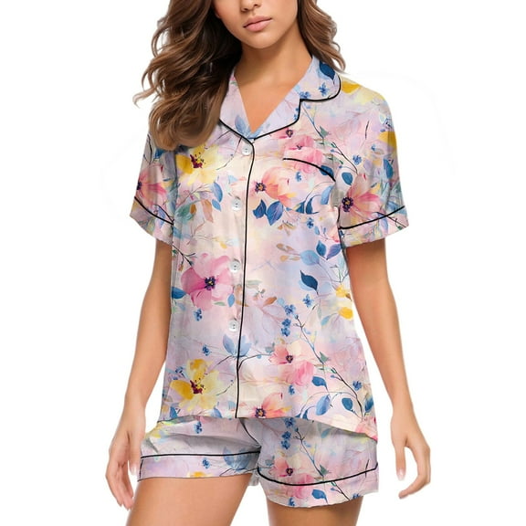 Fashion Floral Print Pajama Set - Short Sleeve Button Top & Stretchy Shorts, Trendy Two-Piece Sleepwear for Women,Light pink M