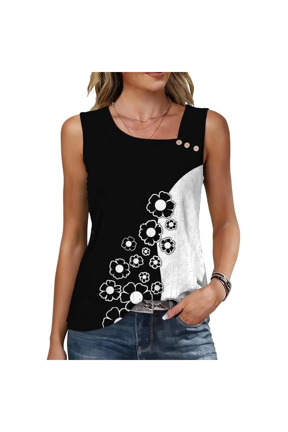 Fashion Floral Print Tank Top for Women Sleeveless Square Neck Side Button Detail Slim Fit Stretchy Soft Summer Tunic Cami Blouse