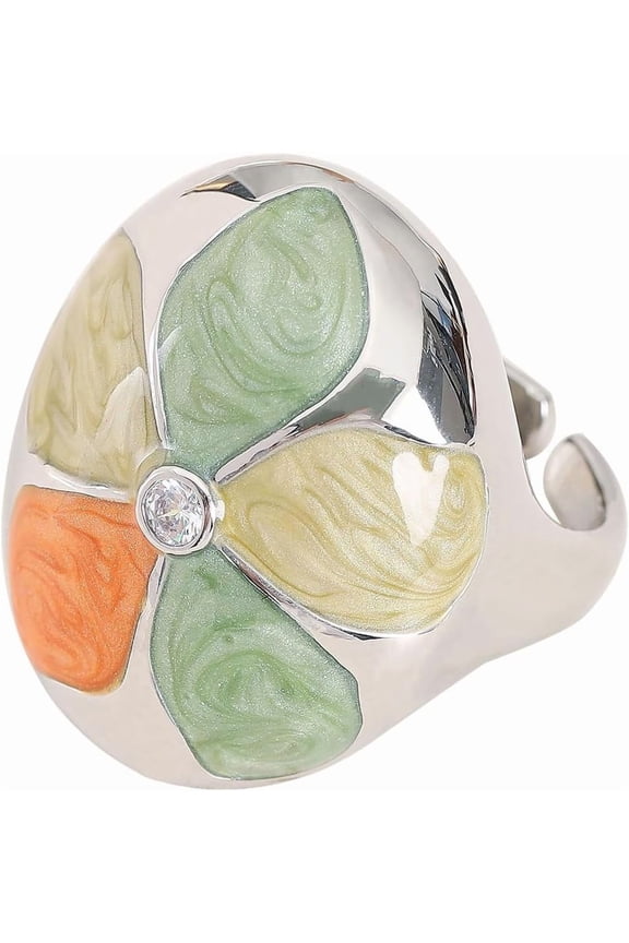 Fashion Floral Statement Ring for Women Multi-Color Enamel CZ Crystal Accent Flower Chunky Finger Ring Band Promise Engagement Rings Expandable