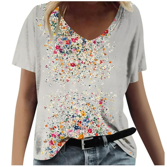 Fashion Floral Tshirts for Womens Dressy Casual Tops Cute Short Sleeve V Neck Shirts Loose Comfy Blouses Spring Summer 2025 Tees Beach Vacation Clothes Classic Fit Tunic Basic Tees