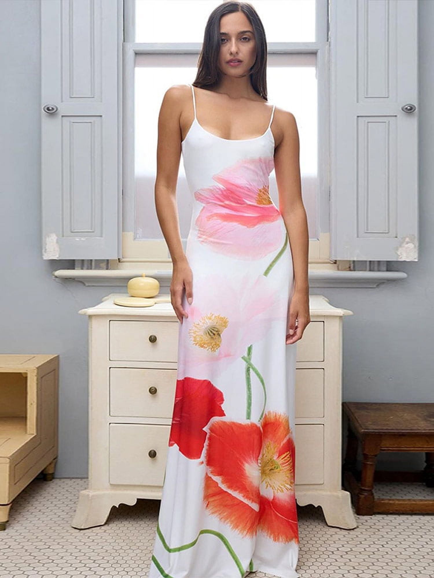 Fashion Flower Printed Women Sling Dress Elegant Uneck Backless