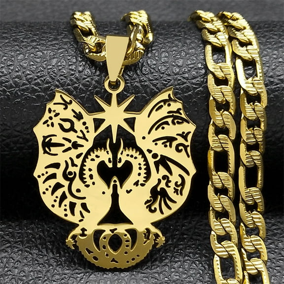 Fashion Flying Dragon Necklace for Women Men 14K Yellow Gold Sacred Animal Amulet Pendant Jewelry