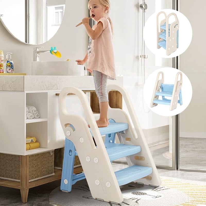 2 Step Stool for Kids Toilet Potty Training Stool with Handles, 3 In 1 Foldable Toddler Step Stool for Bathroom Sink, Child Kitchen Counter Stool Helper, Plastic