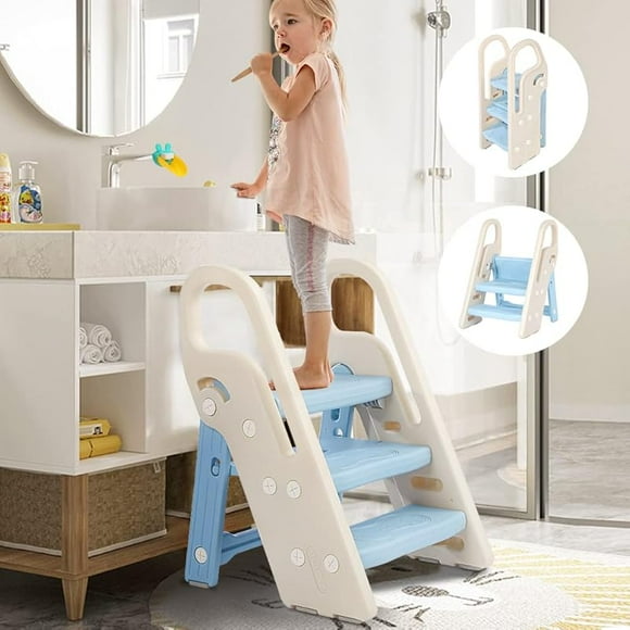 Fashion Foldable Step Stool for Bathroom Sink, Adjustable 3 Step Stool for Kids Toilet Potty Training Stool with Handles, Child Kitchen Counter Stool Helper, Plastic Ladder for Toddlers Grey