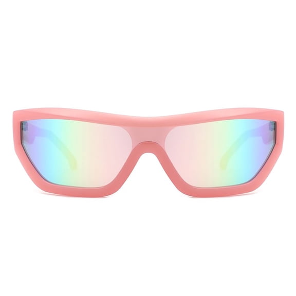 Fashion-Forward Wide Sunglasses, Pink Frame with Rainbow Mirror Lenses