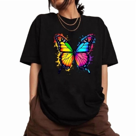 Fashion Forward Womens Butterfly Graphic Tee Shirt Short Sleeve Crew Neck Colorful Stylish Tops Black S-5XL