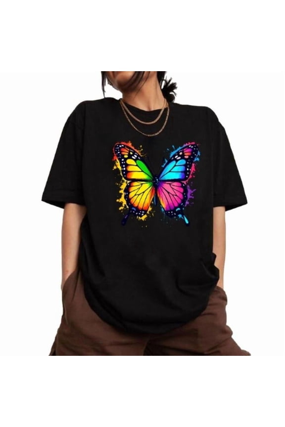 Fashion Forward Womens Butterfly Graphic Tee Shirt Short Sleeve Crew Neck Colorful Stylish Tops Black S-5XL