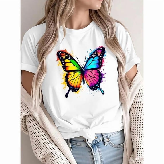 Fashion Forward Womens Butterfly Graphic Tee Shirt Short Sleeve Crew Neck Colorful Stylish Tops White S-5XL