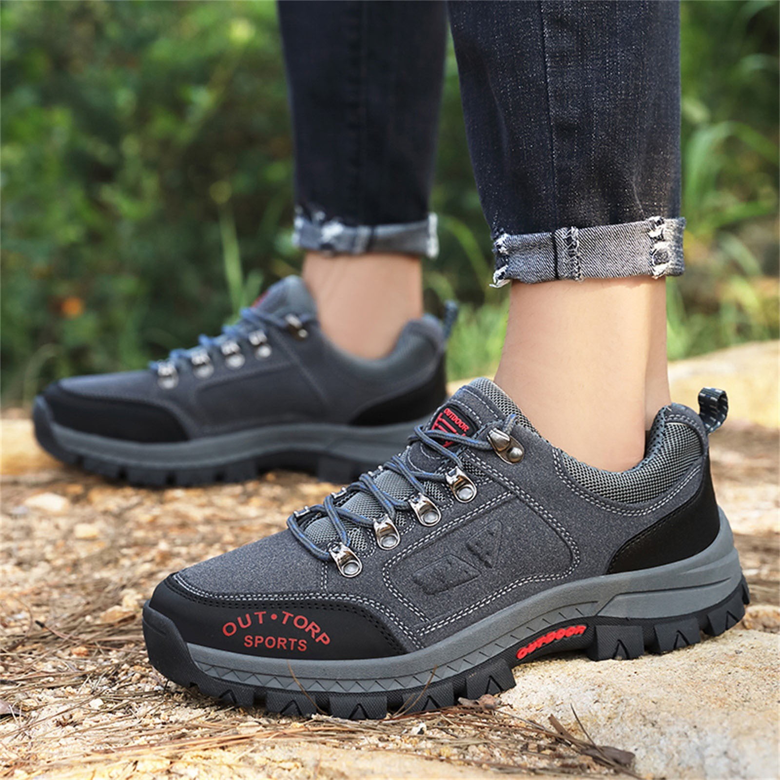 Fashion Four Seasons Men Sneakers Hiking Shoes Flat Bottom Non Slip Lace Up Comfortable Grey 8.5