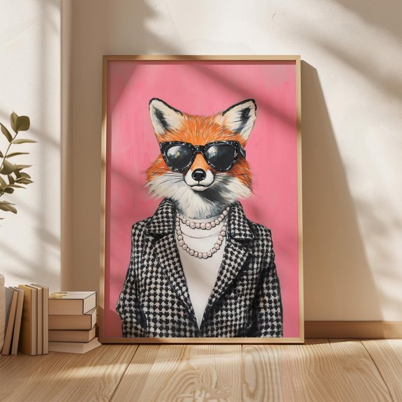 Fashion Fox Wall Art Poster, Stylish Animal Portrait Print with Sunglasses, Pink Background Modern Animal Artwork, Trendy Fox Illustration Decor 8x12 UNFRAMED
