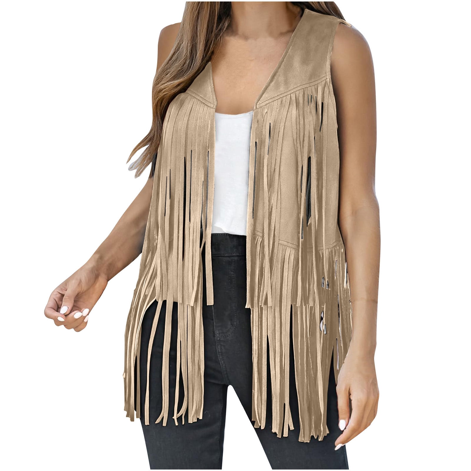 Fashion Fringe Vest Cardigans for Women Sleeveless Open Front Faux