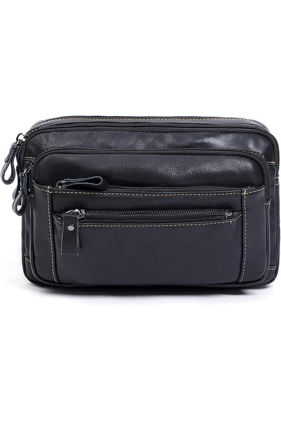Fashion Genuine Leather Large Capacity Crossbody Chest Bag Multifunction Outdoor Sport Waist Bags for Men Black