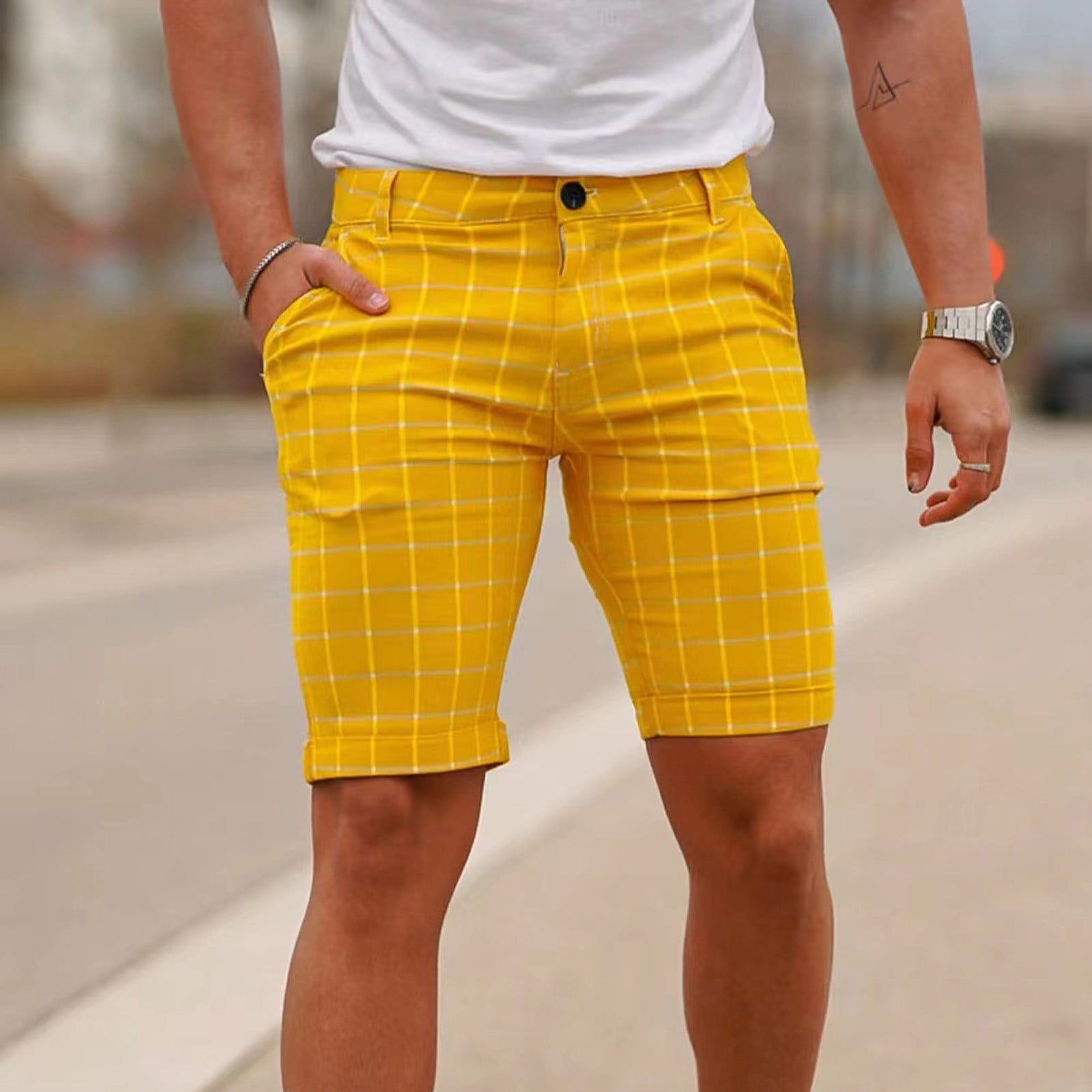 Mens elastic waist plaid shorts sale