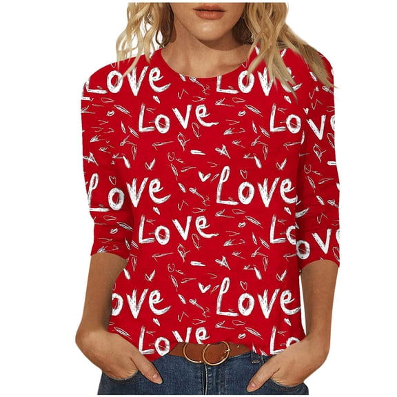 Fashion Gifts Women's 3/4 Sleeve Round Neck Valentine Heart Print Shirt Valentine's Day My Items