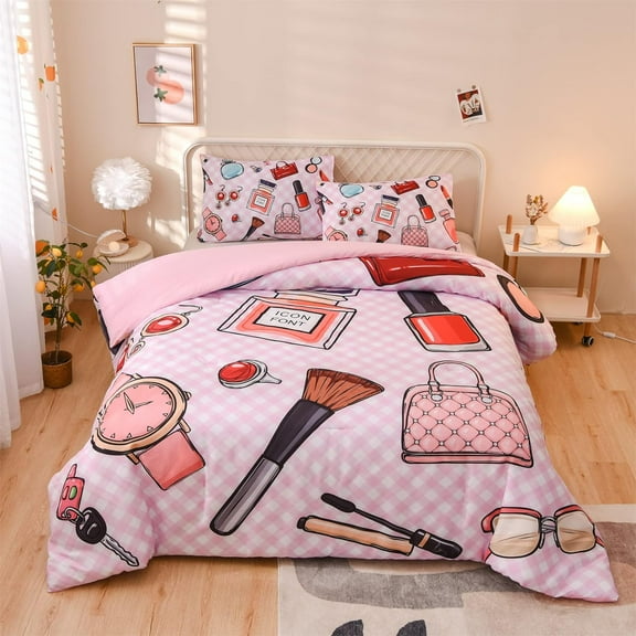 Fashion Girl Comforter Sets Cosmetic Perfume Bag Lipstick Diva Pink Quilt Set Nail Polish Pattern rative Quilted 6 Pcs Makeup Bedding Set with 2 Pillowcases (Pink 6Pcs)