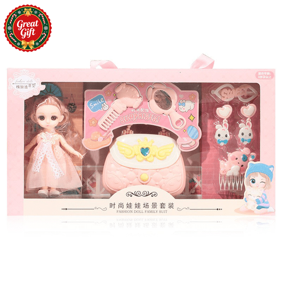 Fashion Girl Doll Beauty Styling Playset with Purse & Hair Accessories, Poseable Dress Up Doll Pretend Makeup Role Play Toy, Christmas Birthday Holiday Gift for Toddler Girls Ages 3 and Up