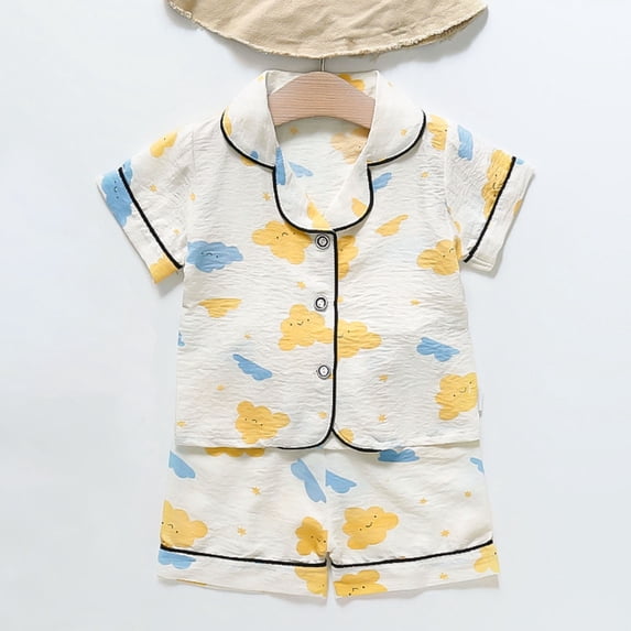 Fashion Girls And Boys Casual Short Sleeve Tops Turndown Neck Collar Botton Printed Short Pants Sets