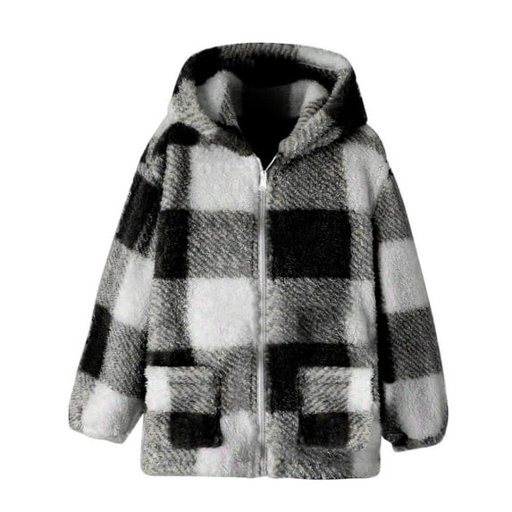 Fashion Girls' Casual Jacket Long Sleeved Hooded Jacket Checkered Printed Clothing Outwear Big Girls Fleece Jacket with Hood Zip Up Plaid Jacket With Pocket Warm Winter Top 8-14 Years