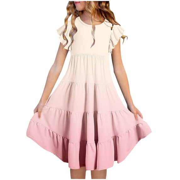 Fashion Girls' Summer New Short Sleeve Ruffled Pockets Round-Neck Printed Dress Casual Dress Constructed Dress