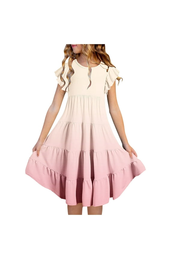 Fashion Girls' Summer New Short Sleeve Ruffled Pockets Round-Neck Printed Dress Casual Dress Girls Dress Shirt