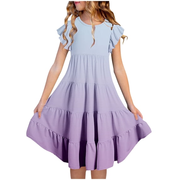 Fashion Girls' Summer New Short Sleeve Ruffled Pockets Round-Neck Printed Dress Casual Dress Light Up Dress