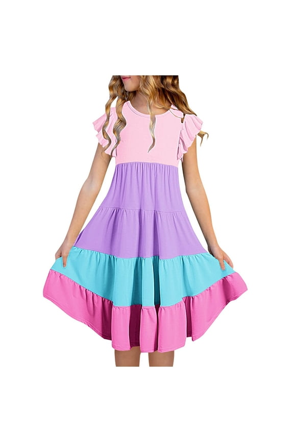 Fashion Girls' Summer New Short Sleeve Ruffled Pockets Round-Neck Printed Dress Girl's Casual Dresses Fall Dress