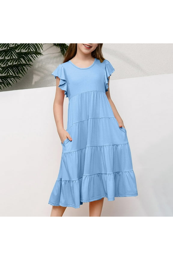 Fashion Girls' Summer New Short Sleeve Ruffled Pockets Round-Neck Solid Dress Casual Dresses Fall Dress