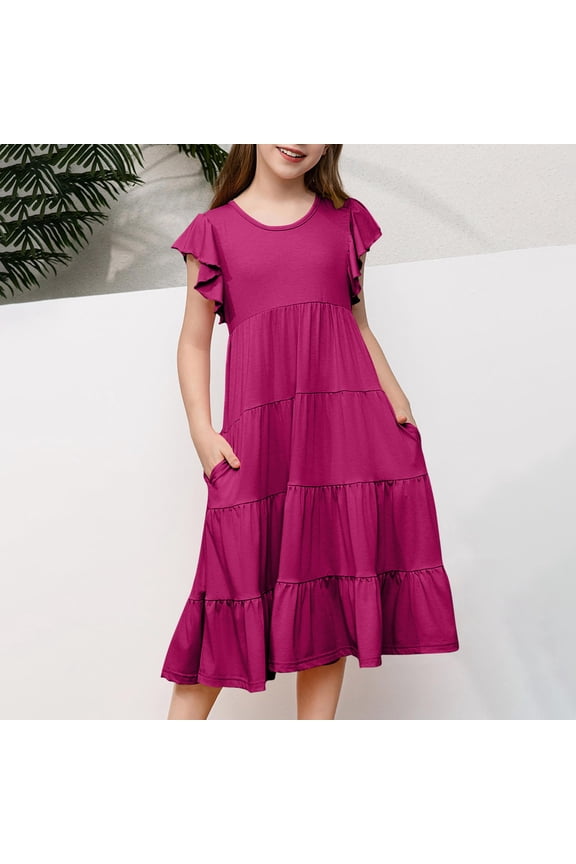 Fashion Girls' Summer New Short Sleeve Ruffled Pockets Round-Neck Solid Dress Summer Beach Dress For Girl Girls Dress Shirt