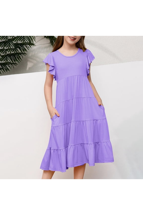 Fashion Girls' Summer New Short Sleeve Ruffled Pockets Round-Neck Solid Dress Summer Beach Dress For Girl Spring Midi Dresses For Girl