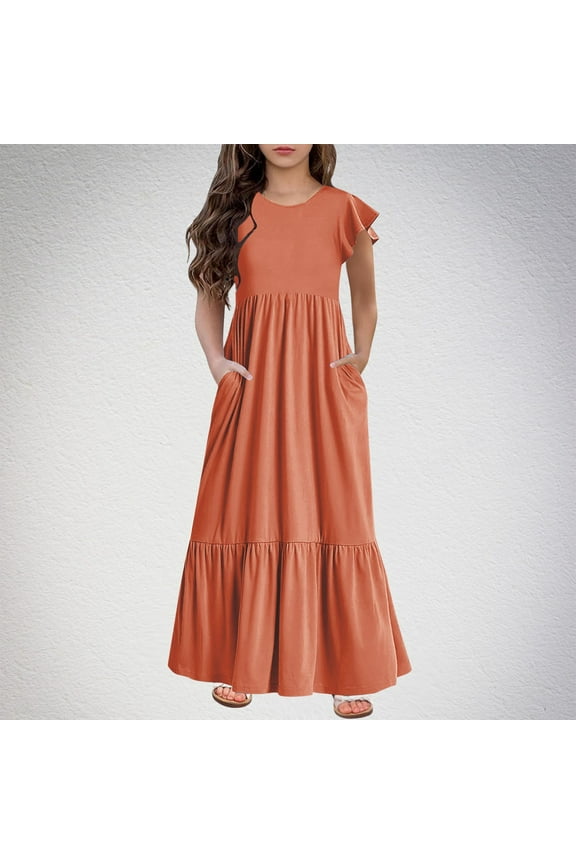 Fashion Girls Summer New Short Sleeves Round Neck Solid Color Dress Active Dresses Style Dress