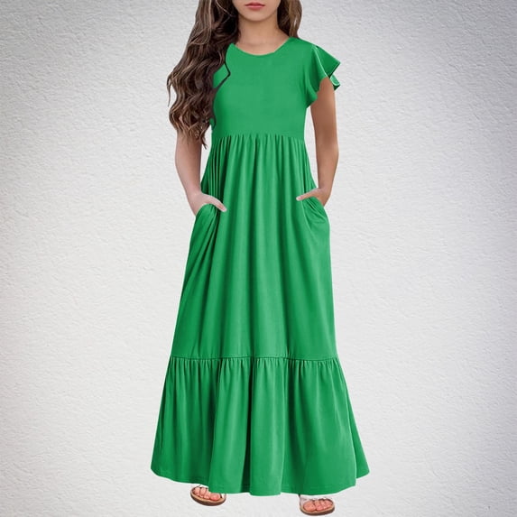 Fashion Girls Summer New Short Sleeves Round Neck Solid Color Dress Dress For Girl Style Dress