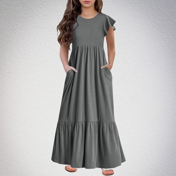 Fashion Girls Summer New Short Sleeves Round Neck Solid Color Dress Girls Overall Dress Girls Dress Shirt