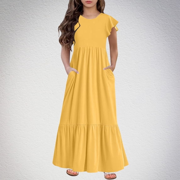 Fashion Girls Summer New Short Sleeves Round Neck Solid Color Dress Long Dresses For Girl Summer Spring Midi Dresses For Girl