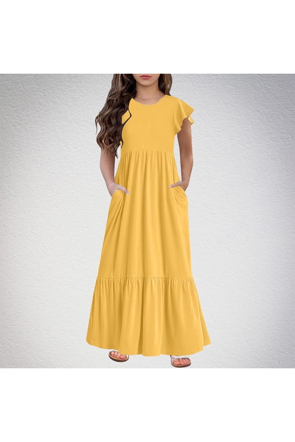 Fashion Girls Summer New Short Sleeves Round Neck Solid Color Dress Long Dresses For Girl Summer Spring Midi Dresses For Girl
