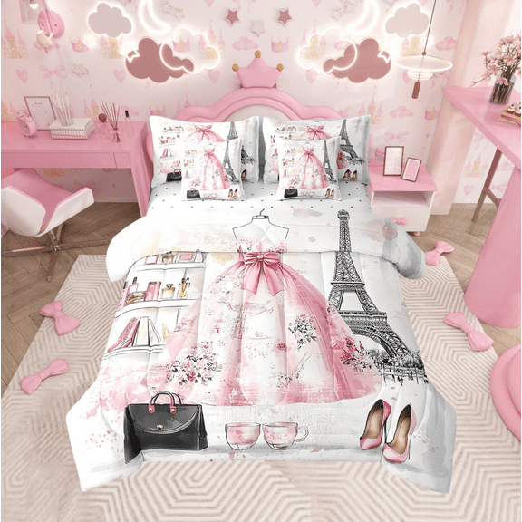 Fashion Girly Dresses Bedding Sets 7 Piece Modern Black White Polka Dots Bed in a Bag Queen Floral Perfume Print Comforter Set with Sheets Romantic Makeup Themed Bed Set Pink Dresse Decor Sheets