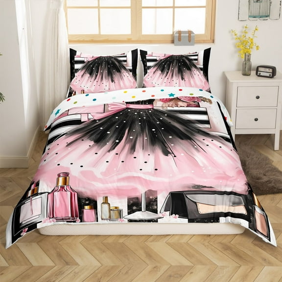 Fashion Girly Dresses Duvet Cover Modern Black White Polka Dots Bedding Set King Size Floral Perfume Print Comforter Cover Romantic Makeup Themed Bedspread Cover Pink Dresse Decor Bedding