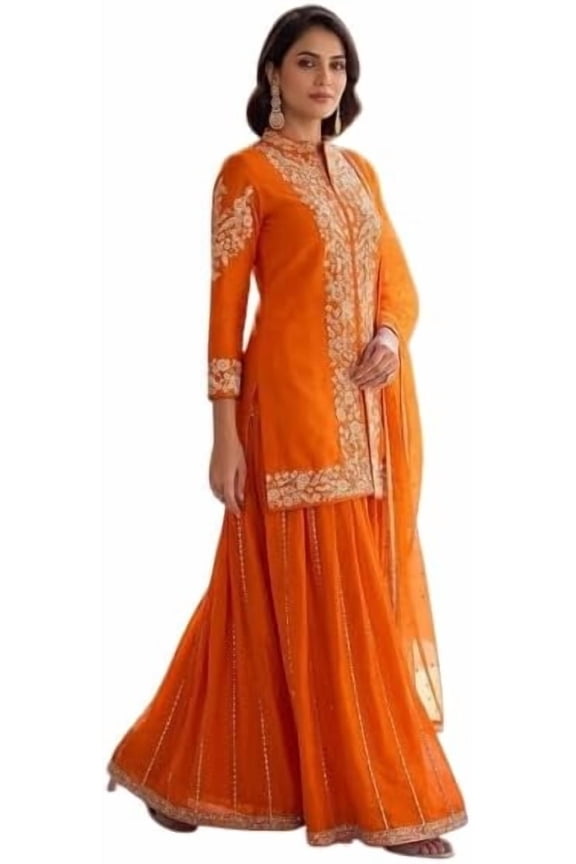 Fashion Gizz Chiffon silk with heavy Embroiedery Salwar Suit Set Kurta Pant with Dupatta Set for Women Orange Size 42