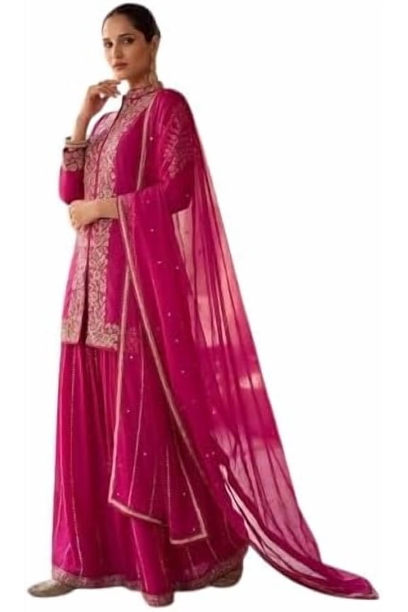 Fashion Gizz Chiffon silk with heavy Embroiedery Salwar Suit Set Kurta Pant with Dupatta Set for Women Pink Size 42