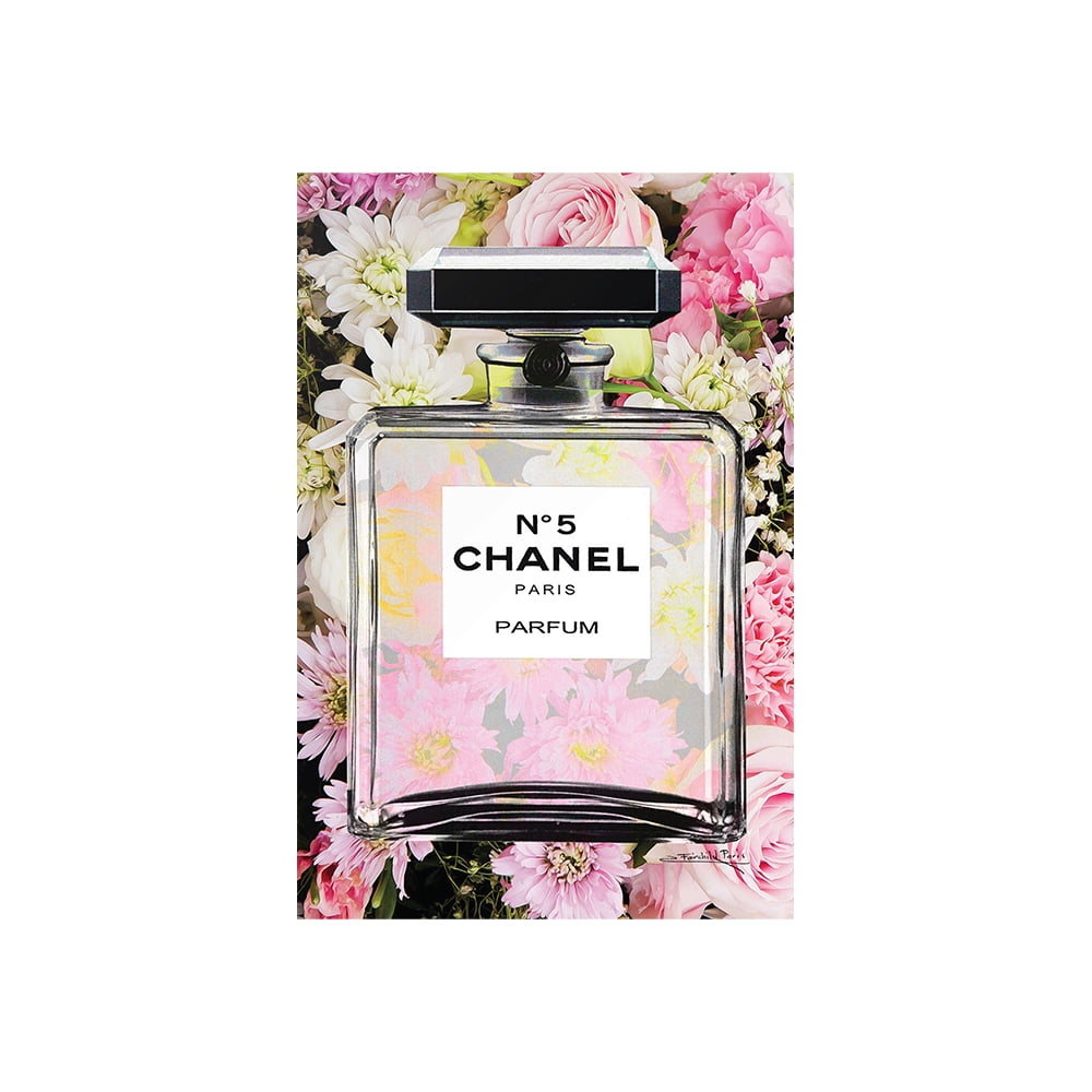 Fashion Glam Bottle Floating In Pink Flowers - 20"X30" Canvas