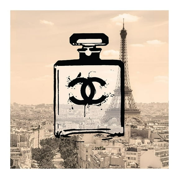 FASHION GLAM PERFUME BOTTLE GOES TO PARIS - 14"x14" Canvas Artwork - Multi-Color 16 x 20