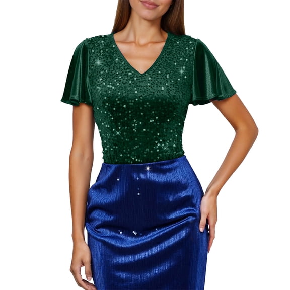 Fashion Glitter Sequin Yoke Sleeve Blouse for Women Summer Fall Casual Wear Party T-Shirt Top Oversized T-shirts Short Sleeve Crewneck Casual Tops