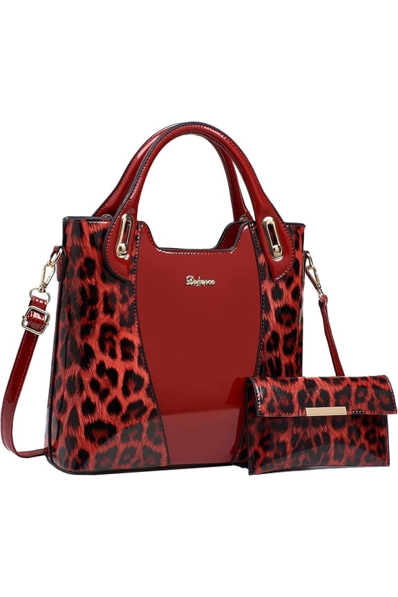 Fashion Glossy Leopard Print Tote for Women with Purse Leather Handbags for Women with Zipper