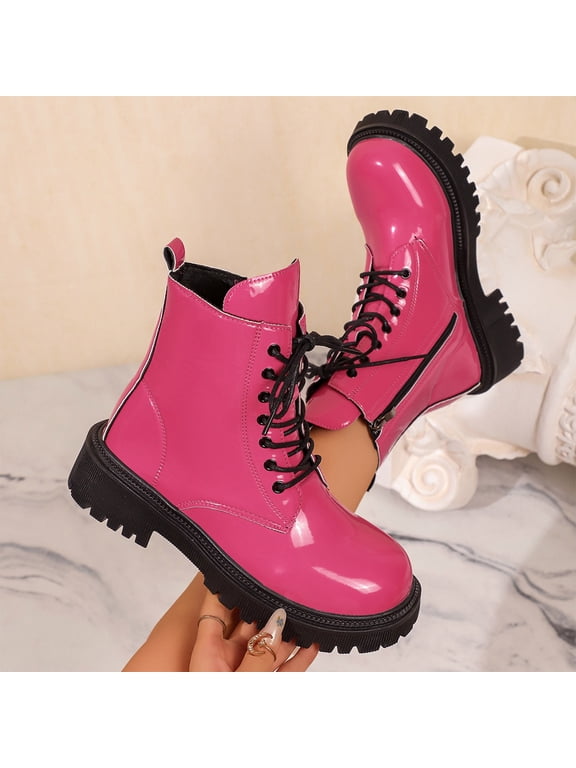 Fashion Glossy Platform Ankle Boots for Women, Lace Up Chunky Lug Sole Booties, Thick, Non-slip Sole Side Zipper Short Boots for Daily Casual Wear
