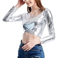 thumbnail image 1 of Fashion Glossy V Neck Crosses Wrap Long Sleeve Crop Top for Raves Parties Event Women Metallic Wetlook Bodycon T-Shirt, 1 of 9