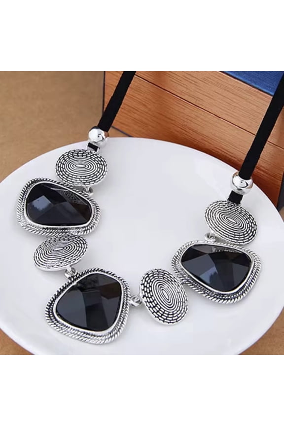 Silver & Black Resin Stone Collar Bib Chunky Luxury Women Fashion Statement Necklace