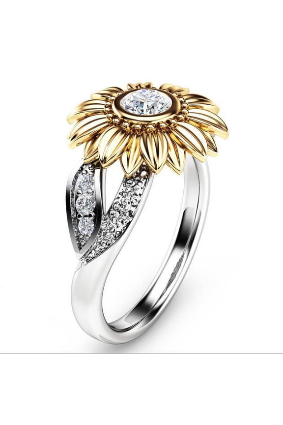 Fashion Gold-Plated Sunflower Flower Color Separation Zircon Ring
