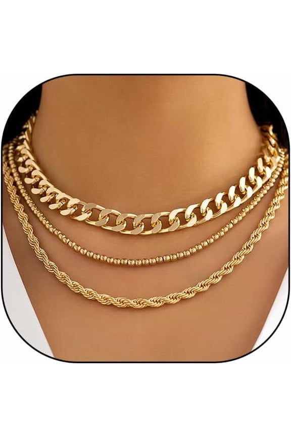 Fashion Gold Thick Best Cuban Chain Choker Necklace Set for Women,Chunky Punk Beads Figaro Chain Layered Necklace, Dainty Party Band Jewelry Gifts[w903]
