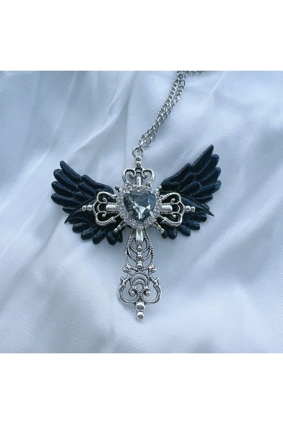 Fashion Goth Sexy Accessories Wings Cross Pendant Necklace For Women Heart Crystal Choker Punk Charm Necklace Jewelry Accessory